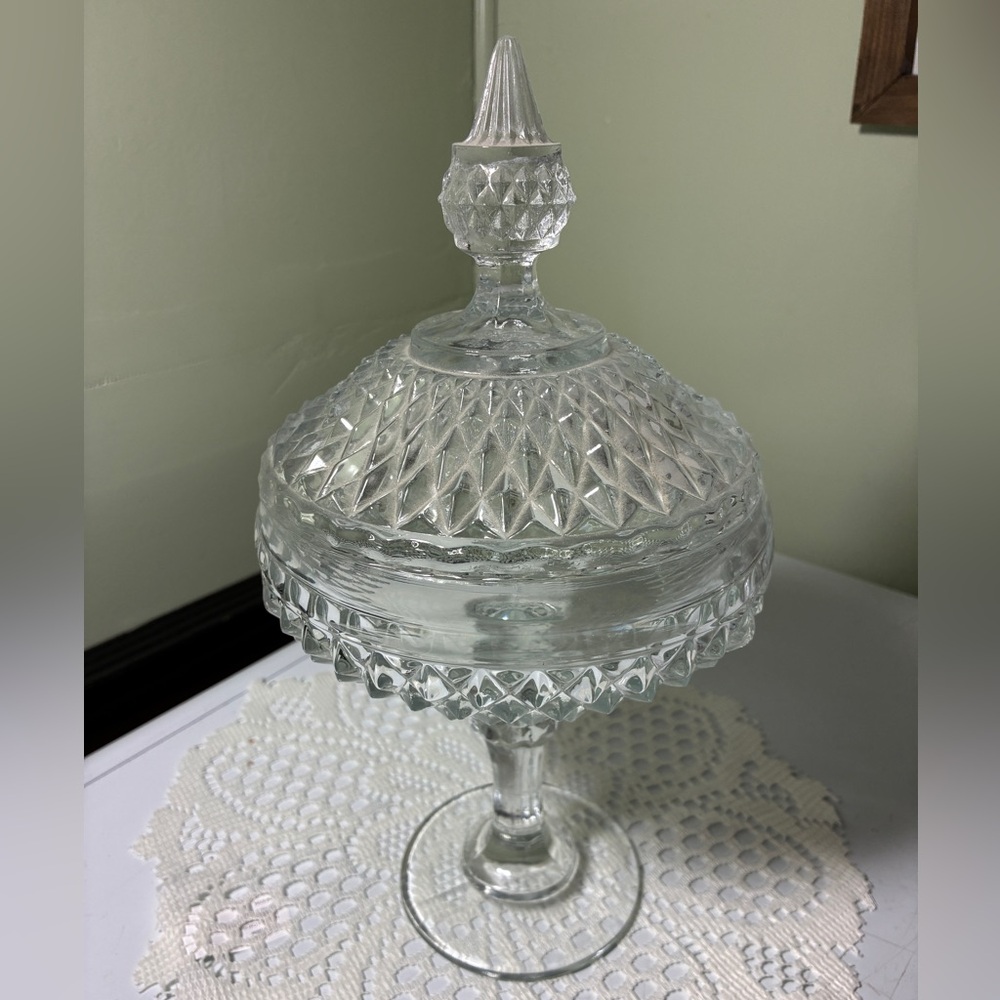 Diamond Point Clear Glass Compote Indiana Glass Kings Crown Vintage Centerpiece